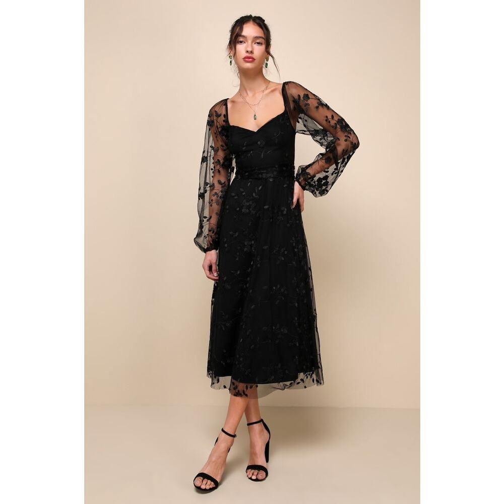 NWT Lulus Darling Charisma Black Mesh Embroidered Long Sleeve Midi Dress Large